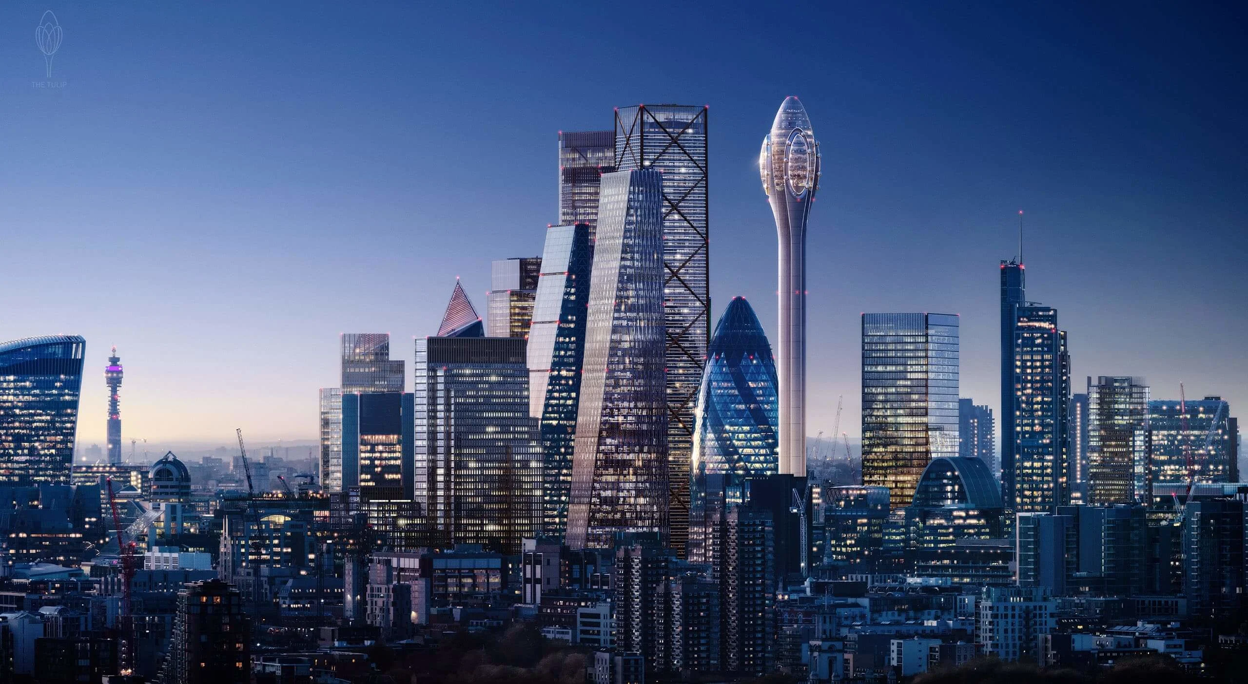 London financial district skyline at dusk